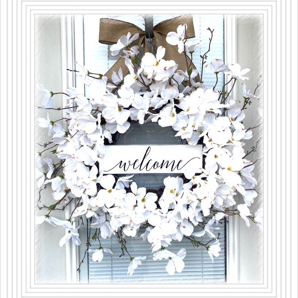 Welcome  Dogwood Wreath, Wreath for your front Door , 20” Spring wreath, Flower wreath, Door decoration, Welcome wreath