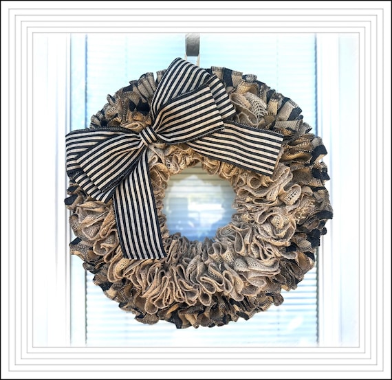 Burlap Wreath, Natural  wreath- Black and Natural wreath, Farmhouse Wreath , Burlap Decor burlap, Wreath,
