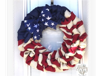 USA Wreath-Fourth of July Wreath- Red White, Blue Burlap Wreath- USA Wreath- Patriotic burlap wreath- Military wreath, 4th of July wreath