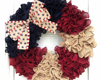 USA wreath, 4th of July Wreath-Fourth of July Wreath- Red White and Blue Burlap Wreath-Summer Wreath- Patriotic burlap wreath-
