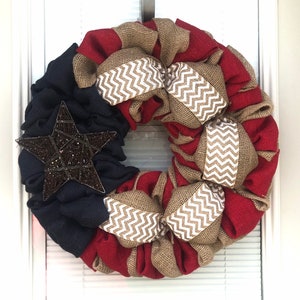 Best Seller Burlap Wreath 4th of July White Chevron, Red, Natural and Blue Burlap Fourth of July Burlap Wreath Decor image 3
