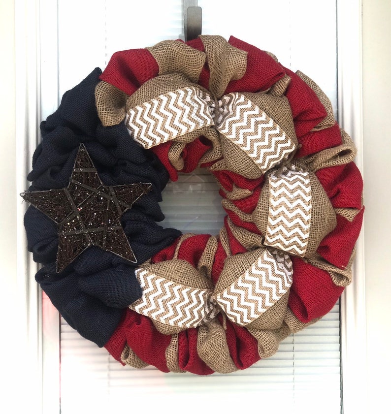 Best Seller Burlap Wreath 4th of July White Chevron, Red, Natural and Blue Burlap Fourth of July Burlap Wreath Decor image 3