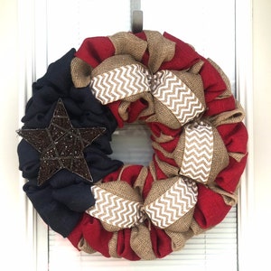 Best Seller Burlap Wreath 4th of July White Chevron, Red, Natural and Blue Burlap Fourth of July Burlap Wreath Decor image 6