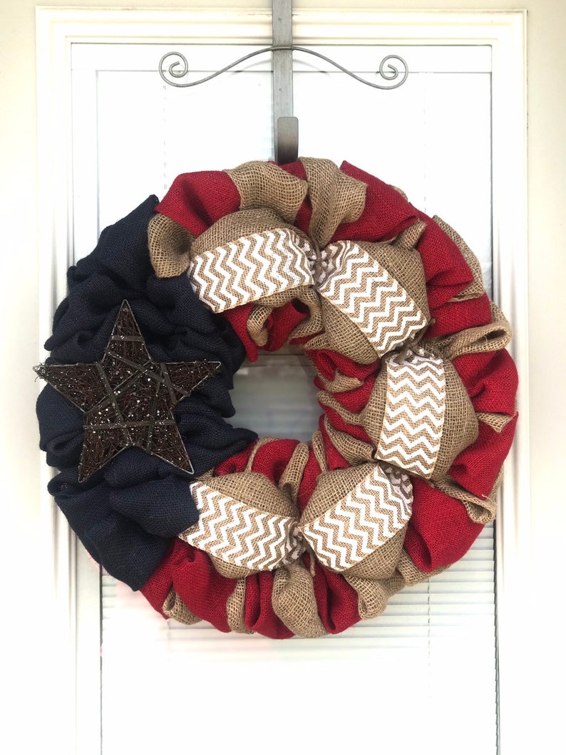 Best Seller Burlap Wreath 4th of July White Chevron, Red, Natural and Blue Burlap Fourth of July Burlap Wreath Decor image 6