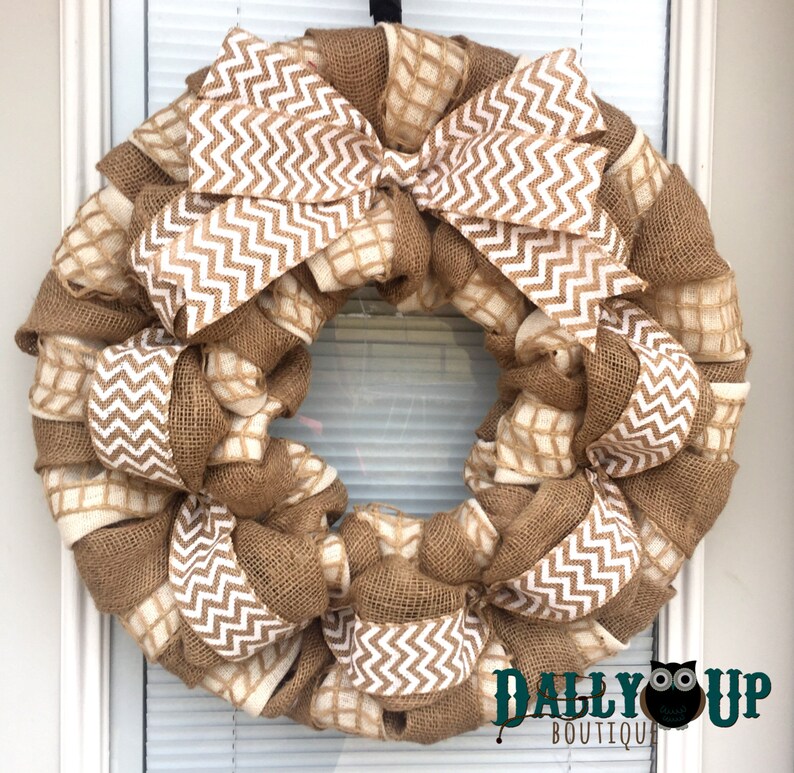 Winter Wreath Winter Burlap Wreath Natural and Cream Chevron Burlap Wreaths Wreath for All Year Everyday Wreath Welcome Wreath