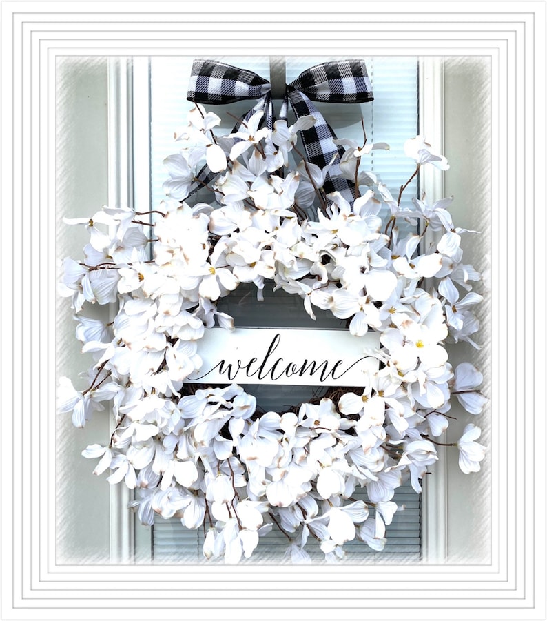 Welcome Buffalo plaid Dogwood Wreath, Wreath for your front Door , 20 wreath, Flower wreath, Door decoration, Welcome wreath image 1