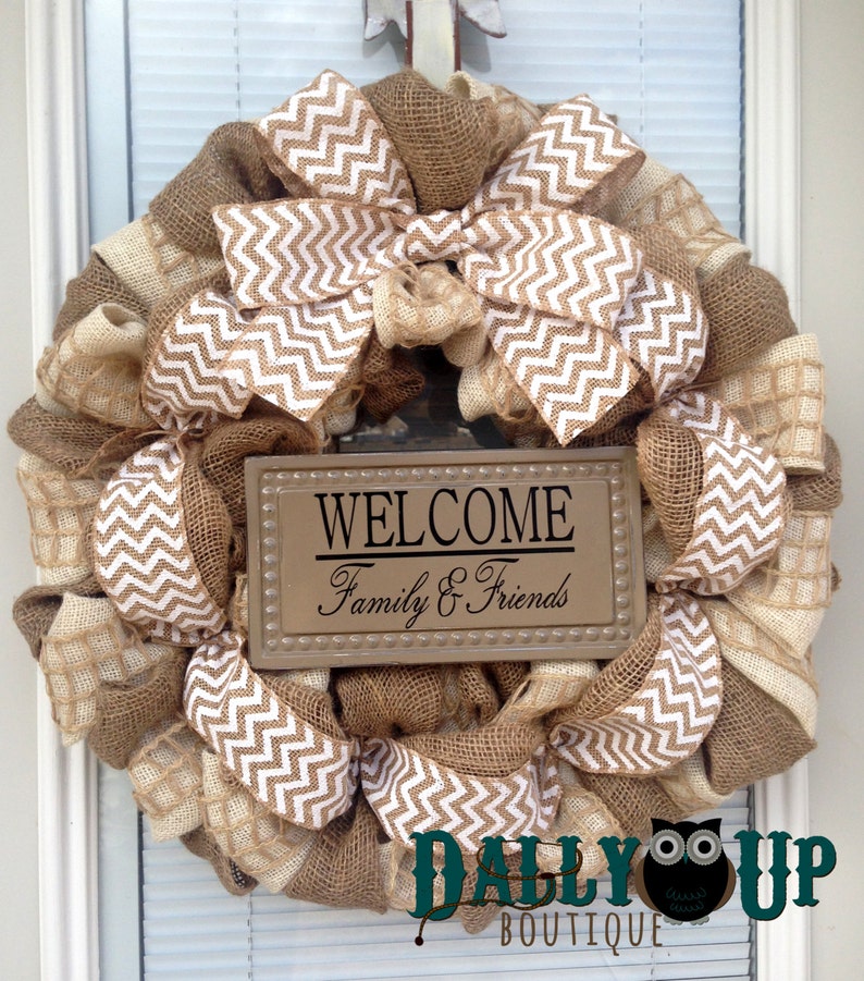 Winter Wreath Winter Burlap Wreath Natural and Cream Chevron Burlap Wreaths Wreath for All Year Everyday Wreath Welcome Wreath