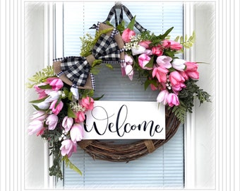 Tulip burlap Wreath - welcome Summer Wreath - Tulip Hello Wreath -  Home Decor -  Front Door Wreath  - Home Decor Wreath- Everyday Wreath