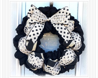 Black and cream Wreath - burlap Wreath --Gifts for her -Wreath - Housewarming Gift - Door Decor - Hello Burlap Wreaths Birthday