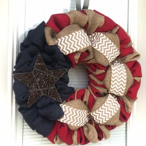 Best Seller Burlap Wreath 4th of July White Chevron, Red, Natural and Blue Burlap Fourth of July Burlap Wreath Decor image 4