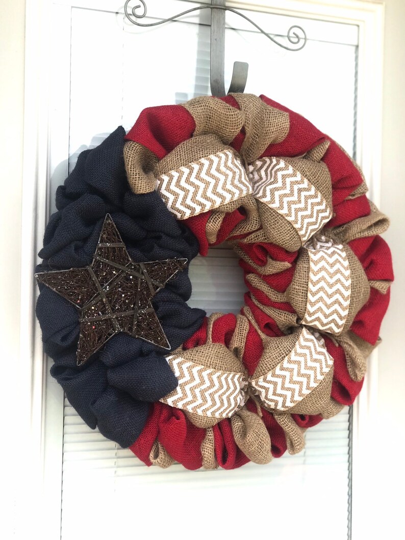 Best Seller Burlap Wreath 4th of July White Chevron, Red, Natural and Blue Burlap Fourth of July Burlap Wreath Decor image 4