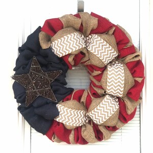 Best Seller Burlap Wreath 4th of July White Chevron, Red, Natural and Blue Burlap Fourth of July Burlap Wreath Decor image 2