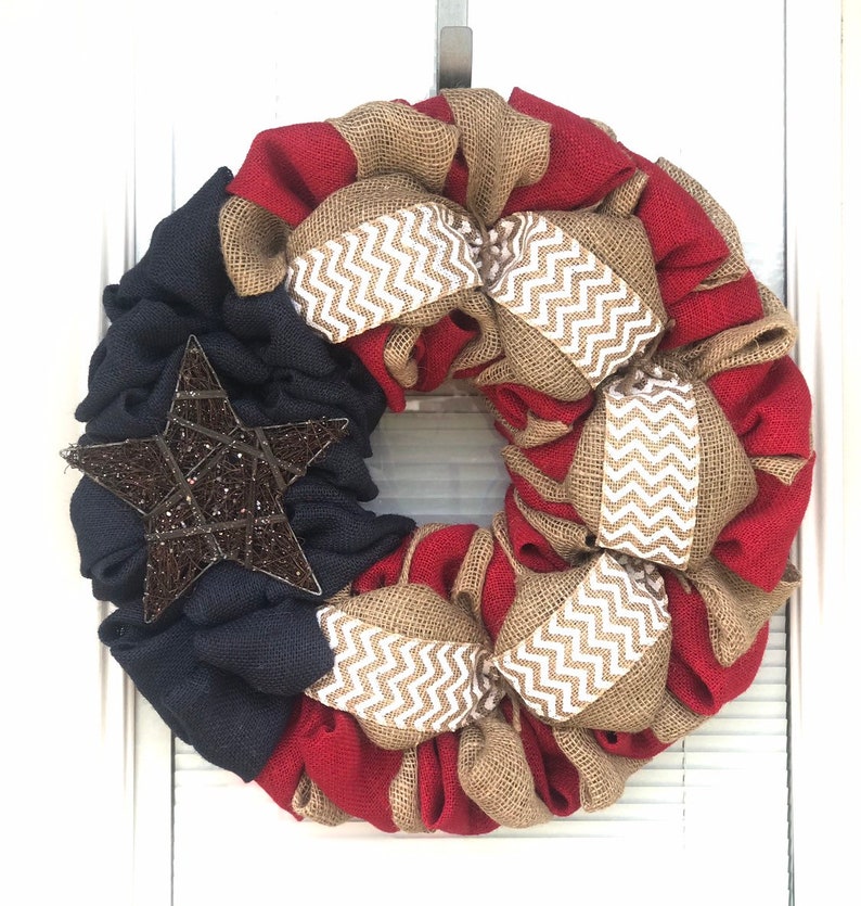 Best Seller Burlap Wreath 4th of July White Chevron, Red, Natural and Blue Burlap Fourth of July Burlap Wreath Decor image 2