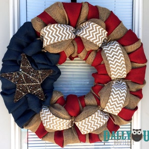 Best Seller Burlap Wreath 4th of July White Chevron, Red, Natural and Blue Burlap Fourth of July Burlap Wreath Decor image 1
