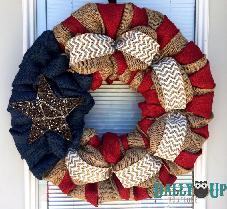 Best Seller Burlap Wreath 4th of July White Chevron, Red, Natural and Blue Burlap Fourth of July Burlap Wreath Decor image 1