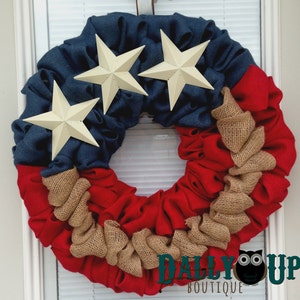 4th of July Burlap Wreath - Natural, red, and Blue Burlap Wreath, Rustic Wreath, Patriotic, Flag Wreath , Independence Day