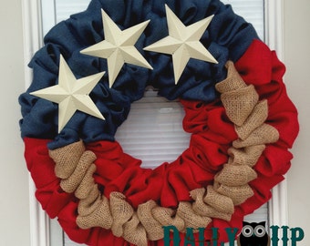 4th of July Burlap Wreath - Natural, red, and Blue Burlap Wreath, Rustic Wreath, Patriotic, Flag Wreath , Independence Day