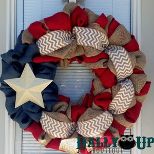 4th of July Wreath- USA Decor - Red White, Blue Burlap Wreath-  Wreath- Patriotic burlap wreath- Millitary Wreath - Star Wreath