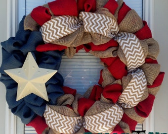 4th of July Wreath- USA Decor - Red White, Blue Burlap Wreath-  Wreath- Patriotic burlap wreath- Millitary Wreath - Star Wreath