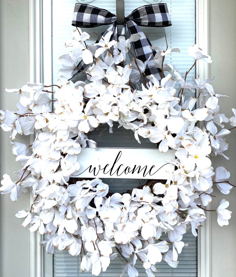 Welcome Buffalo plaid Dogwood Wreath, Wreath for your front Door , 20 wreath, Flower wreath, Door decoration, Welcome wreath image 3