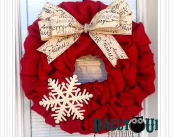 Christmas Burlap Wreath - Winter Wreath, Red  with Merry Christmas Ribbon , Holiday Burlap Wreath - Merry Christmas  Wreath