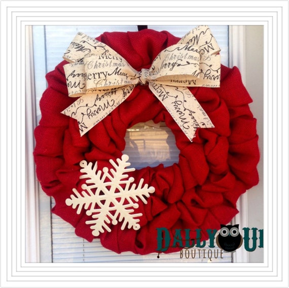Christmas Burlap Wreath - Winter Wreath, Red  with Merry Christmas Ribbon , Holiday Burlap Wreath - Merry Christmas  Wreath