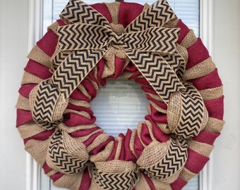 Burlap Wreath, Natural and Maroon - Black Chevron Burlap Wreaths, Wreath for All Year, Welcome Wreath, Chevron Wreath