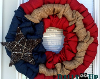 4th of July Burlap Wreath -  Natural, red,  and  Blue Burlap Wreath, Rustic Wreath, Patriotic,  Flag Wreath , Independence Day,  Door Wreath