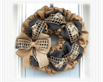 Wreath - gray burlap Wreath -Teacher Gift -Gifts for her -Everyday Wreath - Housewarming Gift - Door Decor - Grag Burlap Wreaths,