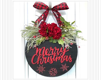 Buffalo plaid Christmas Door hanger, Merry Christmas sign for your front Door , 18” Wreath, Holiday door decor , Door decoration,  wreath