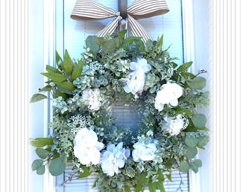 Natural floral Wreath, Wreath for your front Door , 22” wreath, Flower wreath, Door decoration, white wreath, Floral wreath,  wreath