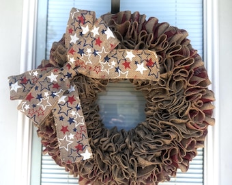 4th of July Burlap Wreath -  USA Wreath - Natural, red,  and  Blue Burlap Wreath, Patriotic,  Flag Wreath , Independence Day,  Door Wreath