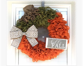 Hello Fall Wreath. Fall Wreath, Autumn Wreath, Orange pumpkin Wreath ,  Burlap ribbon Wreath,  wreaths, Home decor