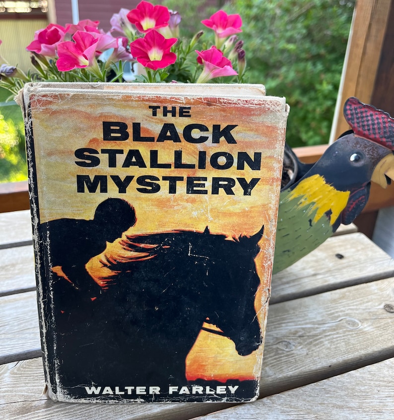 May include: A vintage paperback book titled "The Black Stallion Mystery" by Walter Farley. The cover features a silhouette of a black horse and a rider against a sunset background.