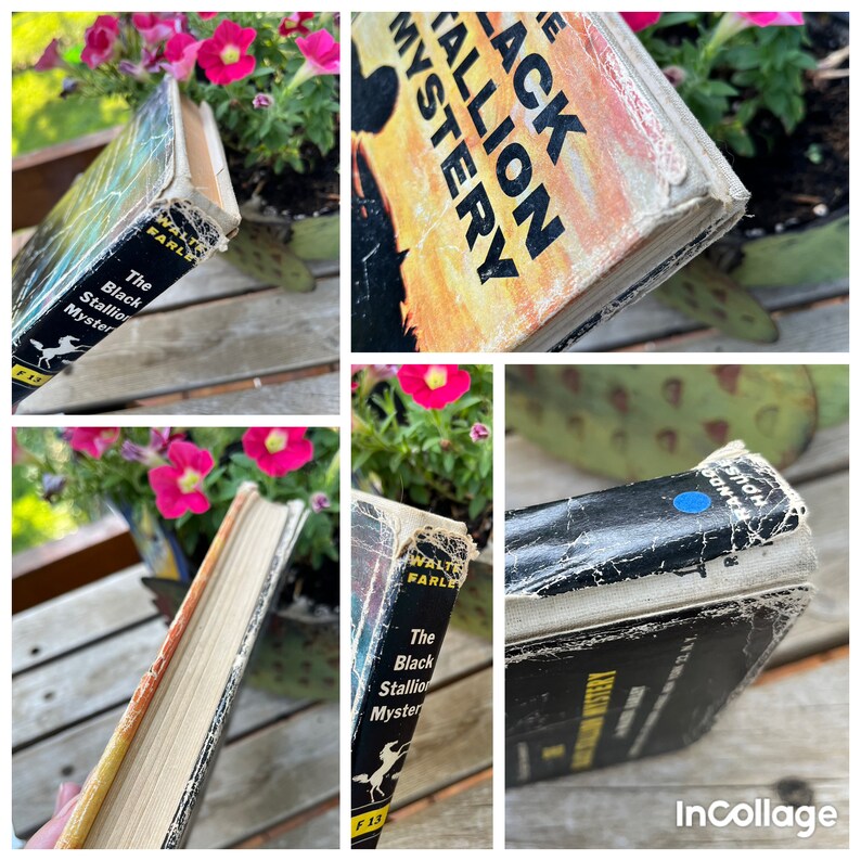 May include: A vintage paperback book titled "The Black Stallion Mystery" by Walter Farley. The cover features a black horse running across a sunset landscape. The book is worn and has a few tears on the spine.