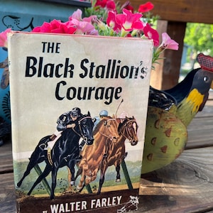 May include: A vintage paperback book titled "The Black Stallion's Courage" by Walter Farley. The cover features a black horse and two brown horses racing. The book is sitting on a wooden surface with a flower pot and a decorative rooster.