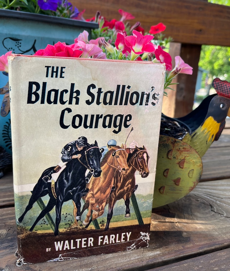 May include: A vintage paperback book titled "The Black Stallion's Courage" by Walter Farley. The cover features a black horse and two brown horses racing. The book is sitting on a wooden surface with a flower pot and a decorative rooster.