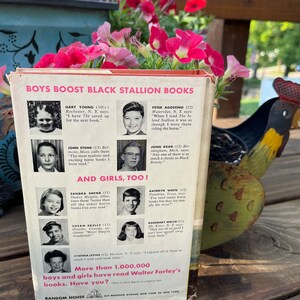 May include: A vintage book cover with a colorful illustration of a horse and the text "Boys Boost Black Stallion Books". The cover features testimonials from young readers about the book series.