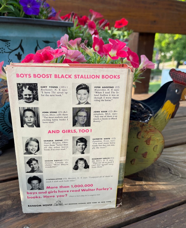 May include: A vintage book cover with a colorful illustration of a horse and the text "Boys Boost Black Stallion Books". The cover features testimonials from young readers about the book series.