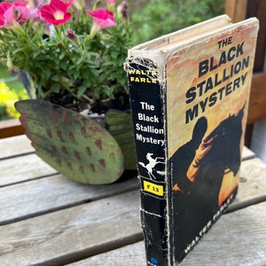 May include: A vintage paperback book titled "The Black Stallion Mystery" by Walter Farley. The cover features a black horse and a rider in silhouette against a sunset background. The book is in good condition with some wear and tear on the edges.
