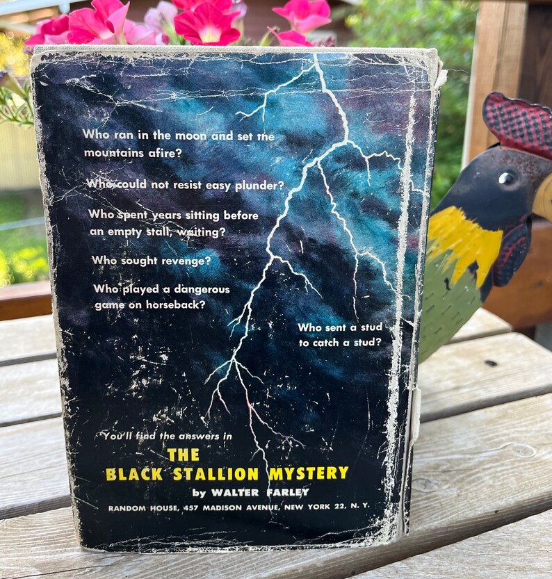 May include: The back cover of a paperback book titled "The Black Stallion Mystery" by Walter Farley. The cover features a dark blue background with lightning bolts and the text "Who ran in the moon and set the mountains afire?"  "Who could not resist easy plunder?"  "Who spent years sitting before an empty stall, waiting?"  "Who sought revenge?"  "Who played a dangerous game on horseback?"  "Who sent a stud to catch a stud?"  "You'll find the answers in THE BLACK STALLION MYSTERY by WALTER FARLEY RANDOM HOUSE, 457 MADISON AVENUE, NEW YORK 22, N.Y."
