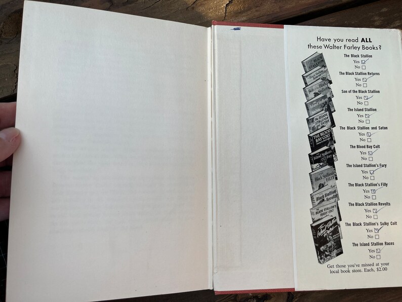 May include: A book cover with a list of Walter Farley books, including "The Black Stallion", "The Black Stallion Returns", "Son of the Black Stallion", "The Island Stallion", "The Black Stallion and Satan", "The Blood Bay Colt", "The Island Stallion's Fury", "The Black Stallion's Filly", "The Black Stallion Revolts", "The Black Stallion's Sulky Colt", and "The Island Stallion Races". Each book title has a checkbox next to it, with the options "Yes" and "No". The text at the bottom of the page reads "Get those you've missed at your local book store. Each, $2.00".