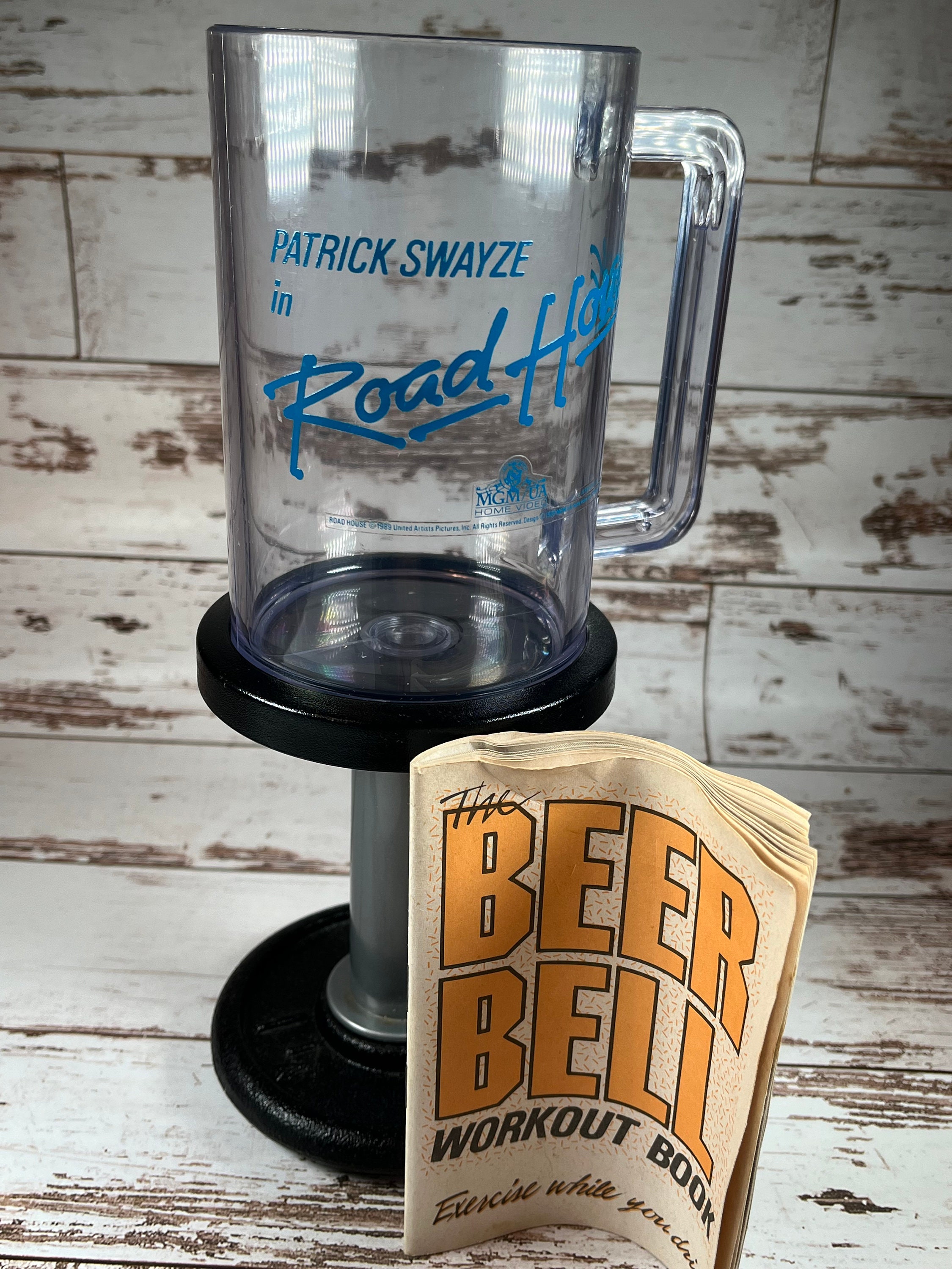 Rare Patrick Swayze in Road House Beer Bell Mug & Workout Book 1989 MGM