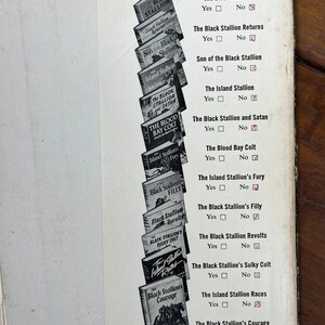 May include: A list of book covers for the Black Stallion series by Walter Farley. Each book cover features a black horse and the title of the book. The list includes "The Black Stallion", "The Black Stallion Returns", "Son of the Black Stallion", "The Island Stallion", "The Black Stallion and Satan", "The Blood Bay Colt", "The Island Stallion's Fury", "The Black Stallion's Filly", "The Black Stallion Revolts", "The Black Stallion's Sulky Colt", "The Island Stallion Races", and "The Black Stallion's Courage".