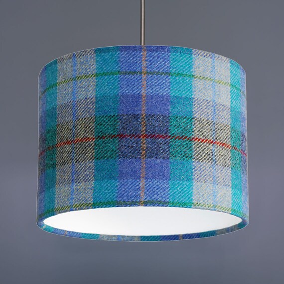 Harris Tweed Drum Lamp Shade In Mint Green And Blue Tartan Check 20cm 30cm 45cm