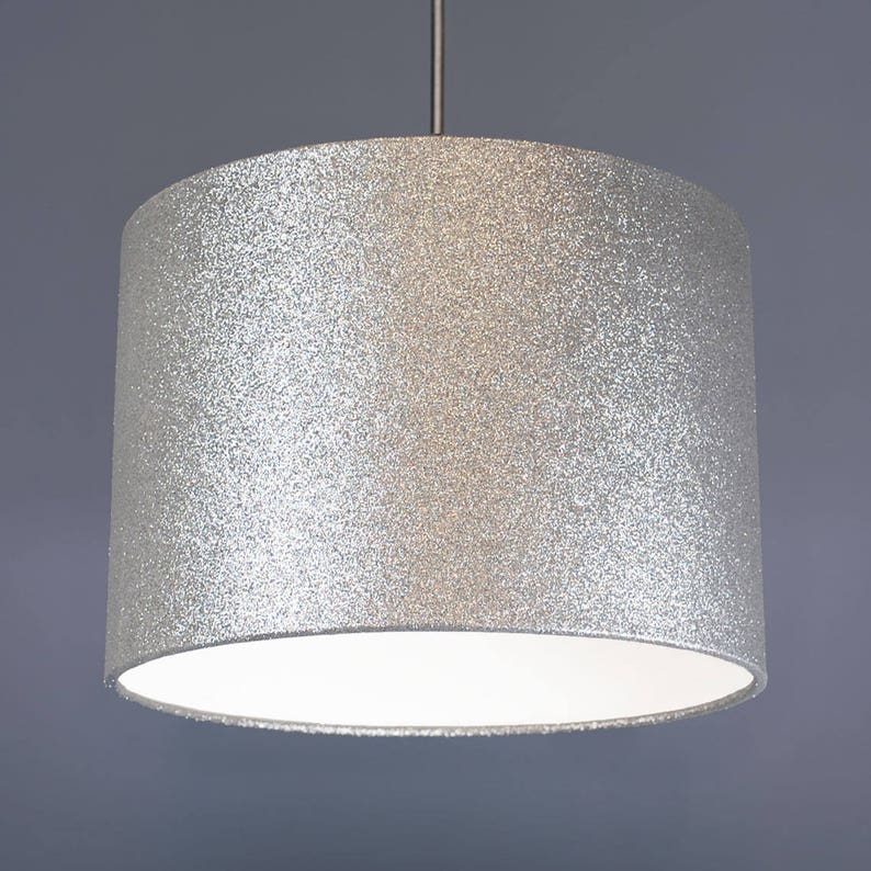 Silver Glitter Metallic Fabric Drum Lampshade Pendant Image 0