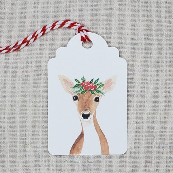 Set of 9 Christmas deer gift tags, Original watercolor present labels, Holiday party hostess gift tags