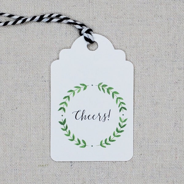 Set of 9 Cheers gift tags, Original watercolor laurel wreath present labels, Party favor goody bag tag, Hostess gift tag