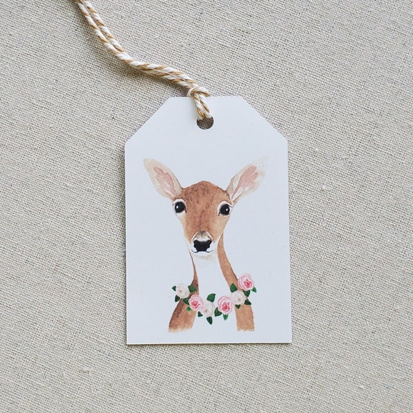 Woodland deer gift tags, Set of 9 original watercolor party favor tags, Animal goody bag tags, Baby girl shower gift