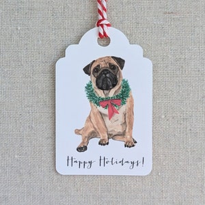 Christmas pug puppy gift tags, Original watercolor holiday present labels, Set of 9 party favor goody bag tags